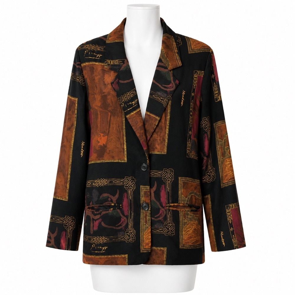 Patina International Blazer Women Medium Black Brown Art Print Vintage 90s Rayon